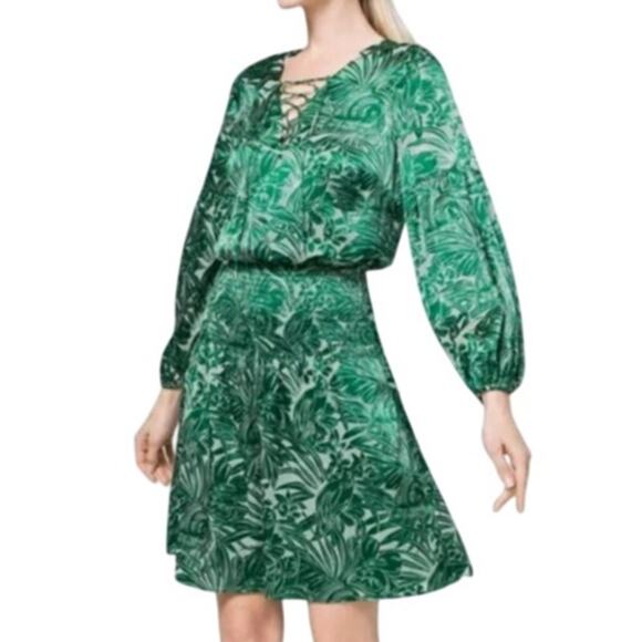 WHBM Silky Dress M Green Forest Fairy Floral Whimsy Pleated Ruched Lace up Neck - Picture 2 of 16